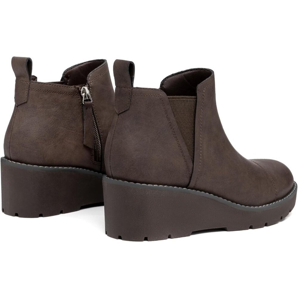 Women's Dark Brown Wedge Chelsea Boots Lug Sole Platform Ankle Booties Zipper - Picture 5 of 6
